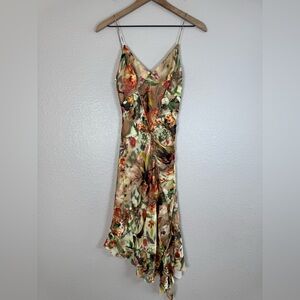 Mango Silk Asymmetrical Floral Slip Midi Dress Tropical Resort Fairy Garden 4 XS
